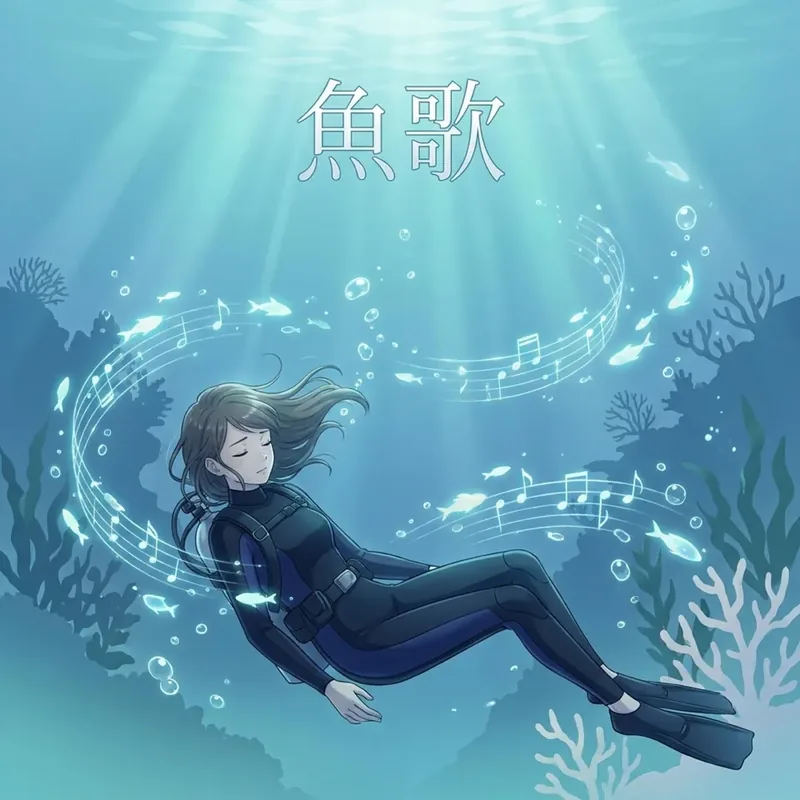 アルバム「魚歌 - UO-UTA -」のジャケット。海中を泳ぐダイバーと音符
